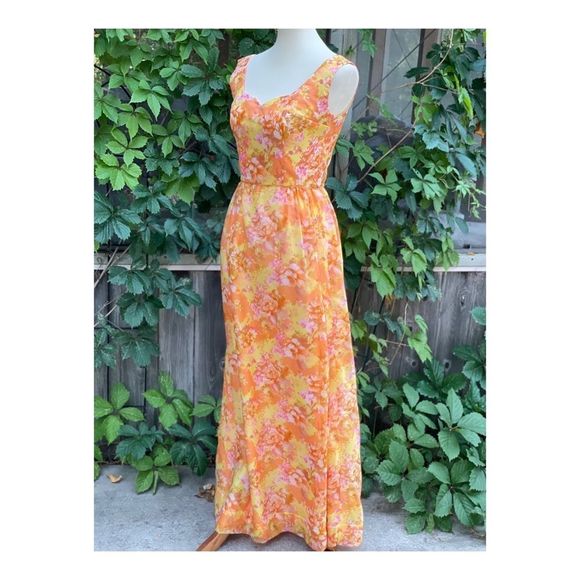 1950s Chiffon Formal Gown Dress Maxi Floral Tangerine Pink Yellow Sleeveless - Picture 1 of 16